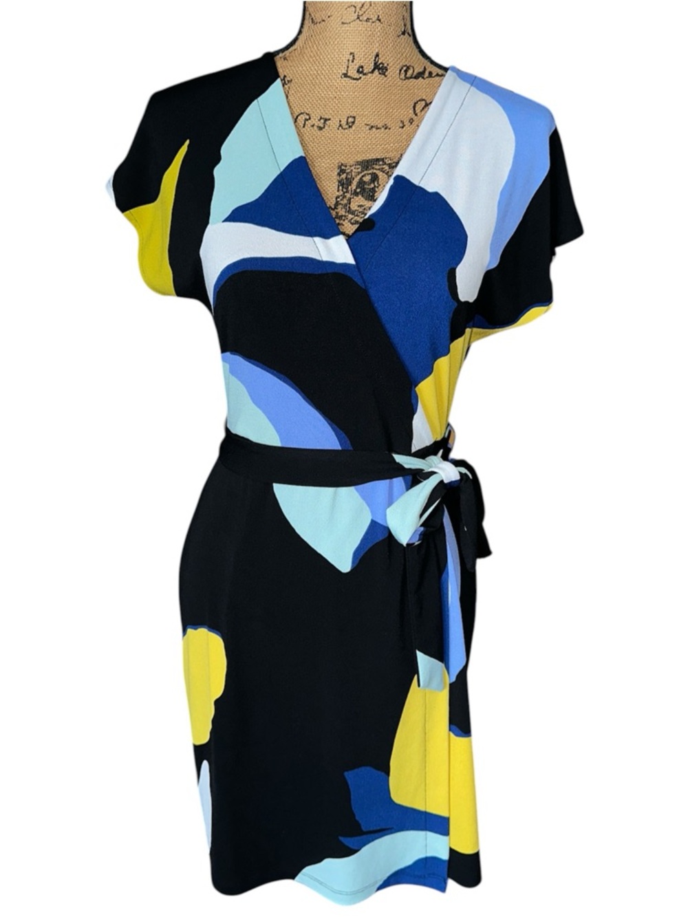 Nine West Women’s Black Blue Yellow Short Sleeve V-Neck Tie Waist Dress Size S